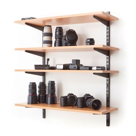 Slot Shelving, Wall Mounted Shelving, Black Shelf Brackets, Plasterboard Wall, Space Clearing, Black Shelves, Shelving Systems, Shelf Brackets, Office Storage