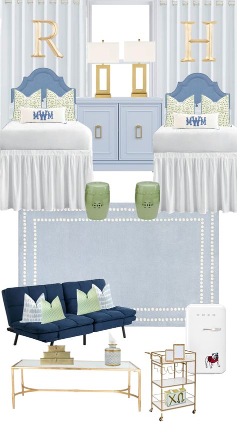 Green & blue dorm room Blue And Green Dorm Room, Navy Dorm Room, Sorority Dorm Room, Green Dorm Room, Blue Dorm Room, White Dorm Room, Dorm Room Themes, Blue Dorm, Preppy Dorm Room