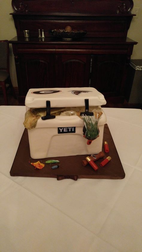 Yeti cooler cake by #sweetcreationsbycandi Yeti Cooler Cake, Yeti Birthday Cake, Cooler Cake, Yeti Cooler, Farm Cake, Bear Cakes, Grooms Cake, Fire Dept, Cake Tutorial