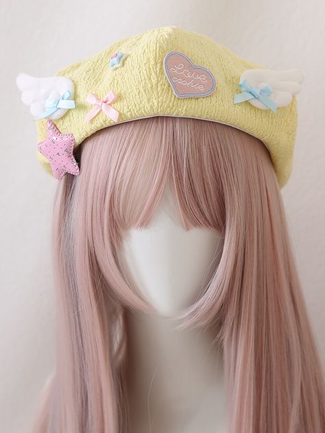 This price is for a beret and a free star hairclip only, others are not included. SizeFree SizeHead Circumference54-58 Kawaii Head Accessories, Pastel Beret, Hairclip Aesthetic, Kawaii Hats, Decora Kei Fashion, Yellow Beret, Micro Pig, Beret Outfit, Rainbow Kawaii