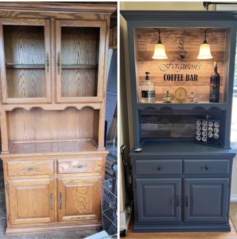 China Cabinet Coffee Bar Diy, China Hutch Coffee Bar, Coffee Hutch Diy, Hutch Coffee Bar Ideas, Coffee Bar From Hutch, Coffee Bar Hutch Ideas, Kaffe Station, Coffee Hutch, Coffee Bar Hutch