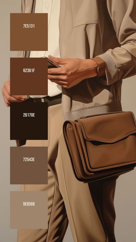 Colors:
7E5131 ° 62361F ° 26170E ° 72543E ° 9E856B Muted Aesthetic, Beige Suit, Beige Suits, Suit White, White Dress Shirt, Hue Color, Brown Leather Satchel, Business Life, Work Culture