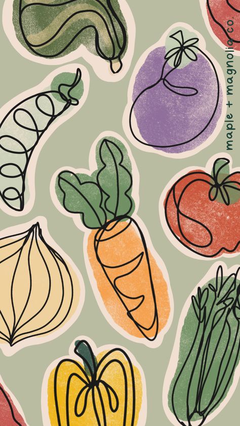 Aesthetic Nutrition Wallpaper, Veggie Background Wallpapers, Cute Fruits Wallpapers, Nutrition Aesthetic Art, Nutrition Wallpaper Backgrounds, Procreate Food Illustration, Vegan Wallpaper Backgrounds, Vegetable Background Wallpapers, Plants Illustration Wallpaper