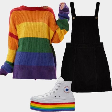 Rainbow Academia Outfits, Black And Rainbow Outfit, Pride Outfits Aesthetic, Cute Rainbow Outfits, Pride Party Outfit, Rainbow Outfit Aesthetic, Cute Pride Outfits, Pride Outfit Ideas Women, Rainbowcore Fashion