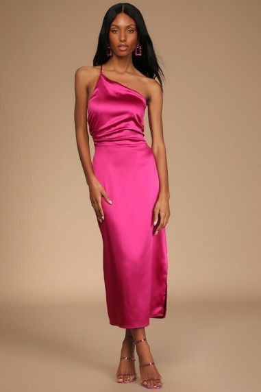 Chic Formal Dress, Pink Wedding Guest Dresses, Magenta Dress, Cowl Dress, Satin Cocktail Dress, Outfit Wedding Guest, Wedding Guest Dresses, Hard To Love, Ruffled Maxi Dress