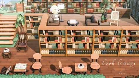 Acnh Island Library, Reading Area Animal Crossing, Things To Make In Animal Crossing, Animal Crossing Library Ideas, Acnh Date Spot, Outdoor Library Animal Crossing, Acnh Outdoor Library Ideas, Animal Crossing Island Inspiration Town Square, Animal Crossing Library Outdoor