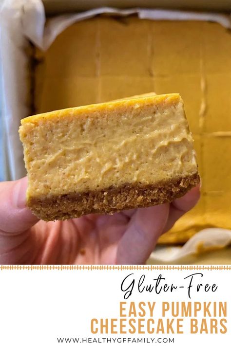 Easy Gluten-Free Pumpkin Cheesecake Bars – healthyGFfamily.com Gluten Free Pumpkin Desserts, Gluten Free Cheesecake Recipes, Gluten Free Pumpkin Cheesecake, Gluten Free Desserts Thanksgiving, Healthy Pumpkin Cheesecake, Cheesecake Bars Easy, Gluten Free Pumpkin Recipes, Easy Pumpkin Dessert, Dairy Free Pumpkin