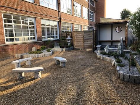 School Garden, Kent School Courtyard Ideas, Japanese Water Feature, School Courtyard, Japanese Elementary School, Japanese Backyard, Bloxburg School, School Dr, Granite Paving, Courtyard Ideas