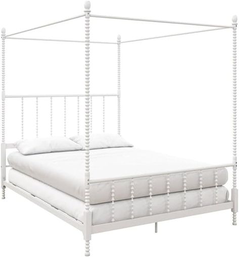 Amazon.com: Pemberly Row Transitional Metal Queen Size Canopy Bed in White : Home & Kitchen Full Size Canopy Bed, King Size Canopy Bed, Queen Size Canopy Bed, White Canopy Bed, Metal Canopy Bed, Canopy Beds, Canopy Bed Frame, Jenny Lind, Modern Bed Frame