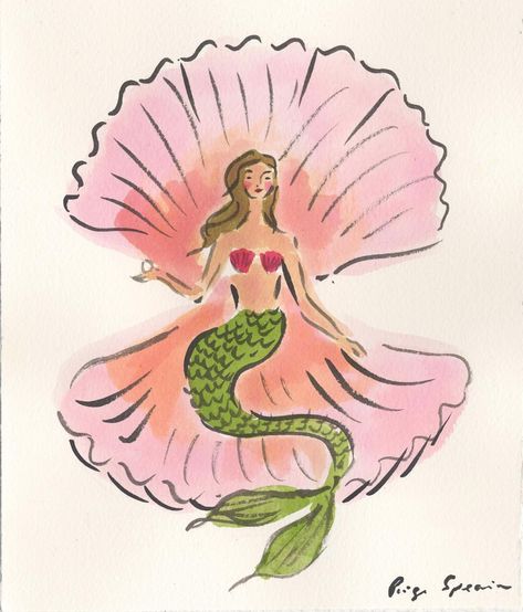 Paige Smith Spearin on Instagram: “Seashell pink is the prettiest pink” Shell With Pearl Drawing, Seashell Top, Paige Smith, Stationary Ideas, Seashell Pink, Mermaid Top, Mermaid Painting, Mermaid Aesthetic, Ink And Watercolor