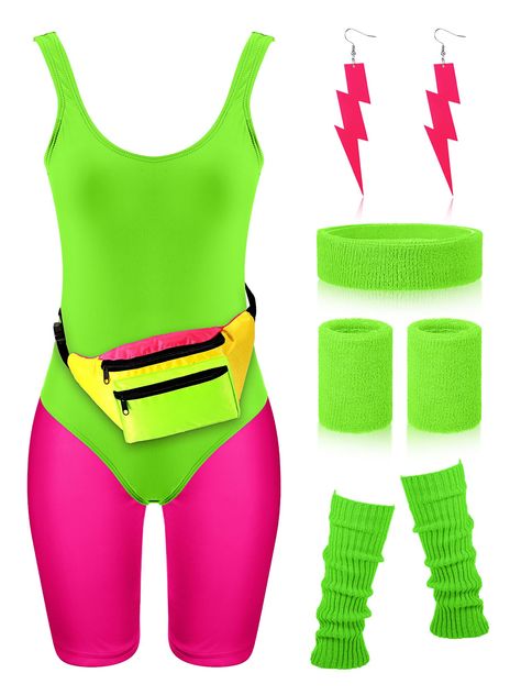 PRICES MAY VARY. 80s Outfit for Women Set: you will receive 1 one-piece swimsuit, 1 pair of workout shorts, 1 wristlet set, 1 headband, 1 neon colored fanny pack, 1 pair of leg warmers and 1 pair of earrings, delicate combination to meet your 80s clothing needs Stretchy and Breathable: this one-piece swimsuit and yoga pants are mainly made of polyester, swimsuit padding, opaque, not easy to fade; These jogging pants are stretchy and flexible, light and breathable, and 80s workout costumes for wo 80s Costume Ideas For Women Diy, Easy 80s Costume, 80s Themed Costumes, 90s Swimwear, 90s Workout, Workout Costume, 80s Workout Costume, 80's Costume, Jogging Leggings