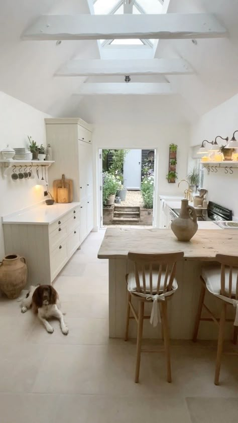 grove_cottage_ on Instagram: Kitchen reveal! After a couple of months of cooking in the dining room on a tiny portable stove, we can now move back into our new… Back Of Peninsula Ideas, Kitchen Diner With Fireplace, Small Natural Kitchen, Cottage Kitchen Extension, Scandi Cottage Kitchen, One Side Kitchen Layout, Table In Small Kitchen, Small Kitchen With Table, Tiny Farmhouse Kitchen