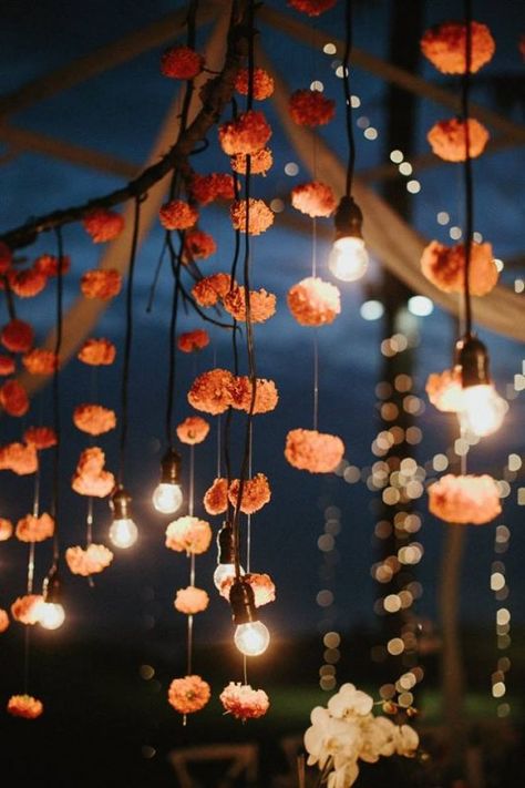 Flowers And Lights Wedding, Bunting And Fairy Lights, Hanging Tealights Wedding, Hanging Flower Lights, Hanging Lights For Wedding, Fairy Lights And Flowers, Festoon Lights Outdoor, Hanging Florals, Frost Photography