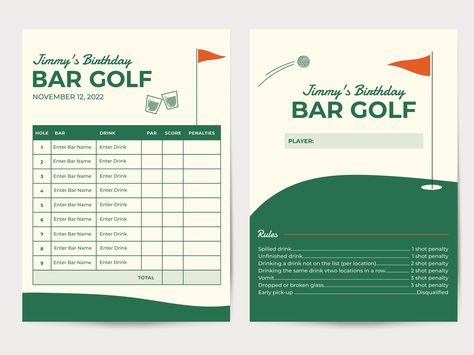 Golf Bar Crawl, Pub Golf Scorecard, Bar Golf, Pub Golf, Golf Bar, Golf Scorecard, Golf Invitation, Birthday Golf, Golf Cards