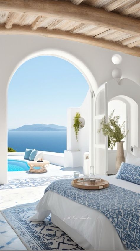 Greek Luxury Villas, Greece Home Design, Santorini Themed Bedroom, Santorini Architecture Interior Design, Summer House Greece, Greece Home Interior, Greece Interior Design Greek House, Greek Hotel Room, Greek Houses Interior