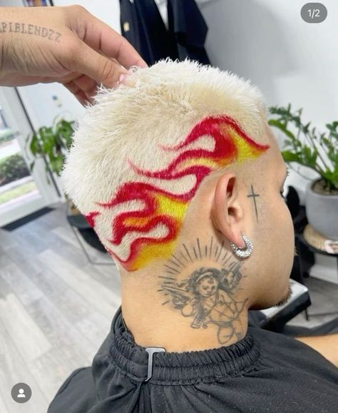 Buzzcut Fire Design, Buzzcut Hair Dye Art Men, Buzz Cut Men Dyed, Temper Fade, Shaved Hair Dye Designs, Buzz Cut Dyed Hair Men, Bleached Hair Designs, Colorful Buzzcut, Dyed Buzzcut Design