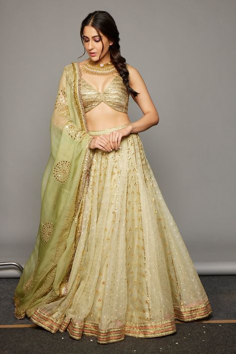 Buy Green Silk Organza Embellished Gota Patti Lehja Embroidered Bridal Lehenga Set For Women by Itrh Online at Aza Fashions. Gota Patti Lehenga, Chikankari Lehenga, Lehenga Pattern, Gold Lehenga, Yellow Lehenga, Organza Lehenga, Traditional Indian Outfits, Embroidered Lehenga, Sara Ali Khan