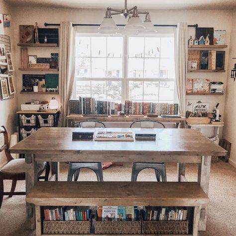 Hi! My name is Crystal, our home school supplies are cluttered into our dining room, and I’m obsessed with rearranging it. 😂 In all… School Room Book Shelves, Dining Room Transformed Into Playroom, Dining Room Classroom, Homeschool School Room Ideas, Play Space In Dining Room, School Room Inspiration, Neutral Homeschool Room, Earthy Homeschool Room, Large Family School Room