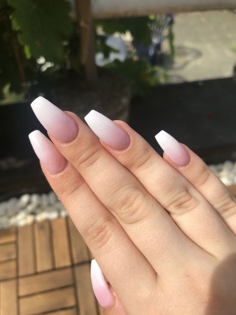 Summer Baby-boomer💗 -  a white baby boomer for summer with ballerina shape Acrylic Nails Ballerina Pink, Baby Bomernails, Summer Nails Ballerina Shape, Ballerina Nails Designs, Baby Boomers Nails, Hair And Nail Salon, Baby Boom, White Nail Designs, Thanksgiving Nails