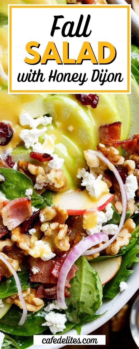 Honey Dijon Apple Bacon Cranberry Salad is the perfect salad for fall! This salad has cranberries, spinach, walnuts, and bacon, all drizzled with the most perfect Honey Dijon Dressing! Not only is it… More Spinach Salad Recipes Bacon, Apple Salad Dressing, Salad For Fall, Honey Salad Dressing, Apple Cranberry Salad, Honey Dijon Dressing, Walnut Chicken Salad, Walnut Chicken, Apple Walnut Salad