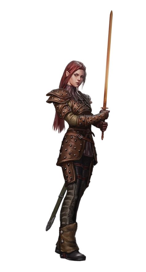 Female Half-Elf Fighter Rogue - Pathfinder PFRPG DND D&D 3.5 5th ed d20 fantasy Woman In Armor, Studded Leather Armor, Character Design Cartoon, Illustration Fantasy, Female Elf, Female Fighter, Leather Armor, Dungeons And Dragons Characters, Katniss Everdeen