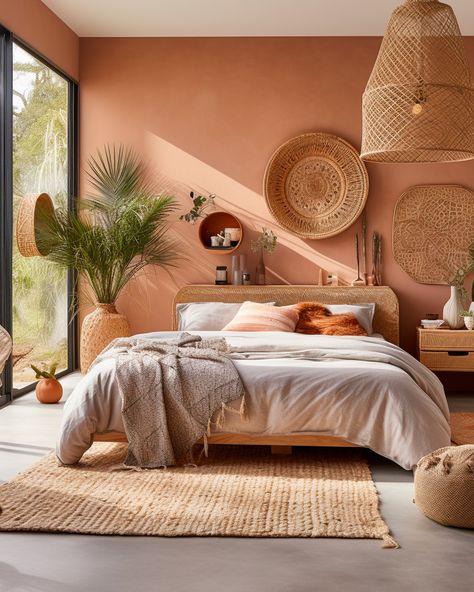 deco chambre nature terracotta tapis jute suspension bambou deco murale plat tressé lit bois mur terracotta sol beton gris Bedroom Terracotta Wall, Coloured Wall Bedroom, Terra Cotta Boho Bedroom, Terra Cotta Walls Bedroom, Light Blue Terracotta, Boheme Bedroom, Terra Cotta And Blue Bedroom, Colour Bedroom, Terracota Room