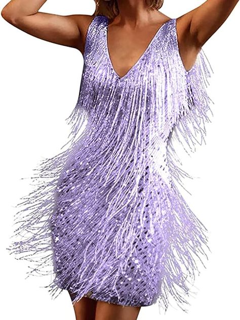 Qtinghua Women Sequin Glitter Mini Dresses Spaghetti Strap Sleeveless Colorful Tiered Club Disco Ball Dress Sparkly Dress : Amazon.co.uk: Fashion Outfit Sport, Outfit Verano, Accessories Outfit, Outfit Autumn, Fringe Mini Dress, Tassel Dress, Purple Mini Dresses, Outfit Jeans, Mini Tank Dress