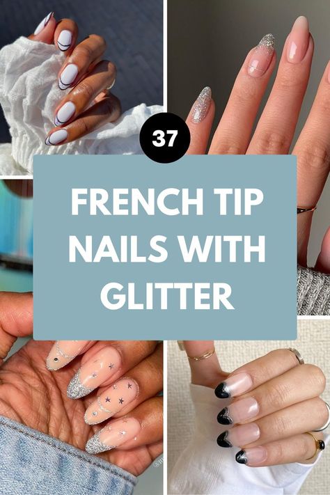 Step up your nail game with French tip nails with glitter. This blog post will guide you through the process of adding a sparkling line to your favorite French tip style, whether it's short black, short white, or a playful short pink. Find the best top coat to protect your glittery tips, and explore how to incorporate subtle brown tones for a unique look. French With Sparkle Nails, French Nails Silver Tip, Classy French Tip Nails Sparkle, French Tip With Silver Design, White Nails With Silver Tips, French Tips Winter, French Tips With Sparkle, French Tip Nails With Glitter Line, Sparkle Nail Tips