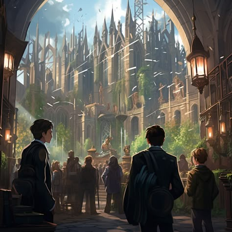 a daytime scene at hogwarts upclose on several characters from the book. It is a futuristic magic school although the characters still wear 19th century styles, but futurized Wizard School Art, Magic Academy Fantasy Art, Fantasy Academy Aesthetic, Magical School Art, Magic Boarding School, Magic School Subjects, Magical Academy Aesthetic, Dnd Magic School, Fantasy Academy Art