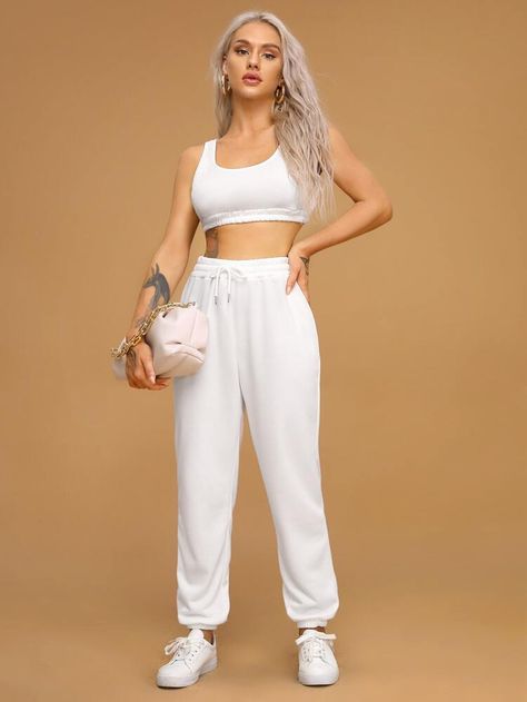 Scoop Neck Crop Tank Top & Drawstring Waist Sweatpants | SHEIN Sweatpants Shein, Thigh Sleeve, Shein Haul, Satin Cami Top, Crop Cami Top, Satin Cami, Crop Tank Top, Cropped Cami, Cami Crop Top