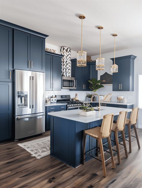 Modern Boho Kitchen Design: Navy Blue Cabinetry with Gold Accents Navy Blue Kitchen Gold Hardware, Blue Kitchen Wood Floor, Navy Boho Kitchen, Navy Blue And White Kitchen Ideas, Navy Blue Kitchen Cabinets With Gold Hardware, Neutral And Blue Kitchen, Navy Blue White Kitchen, Navy House Interior, Navy And Beige Kitchen