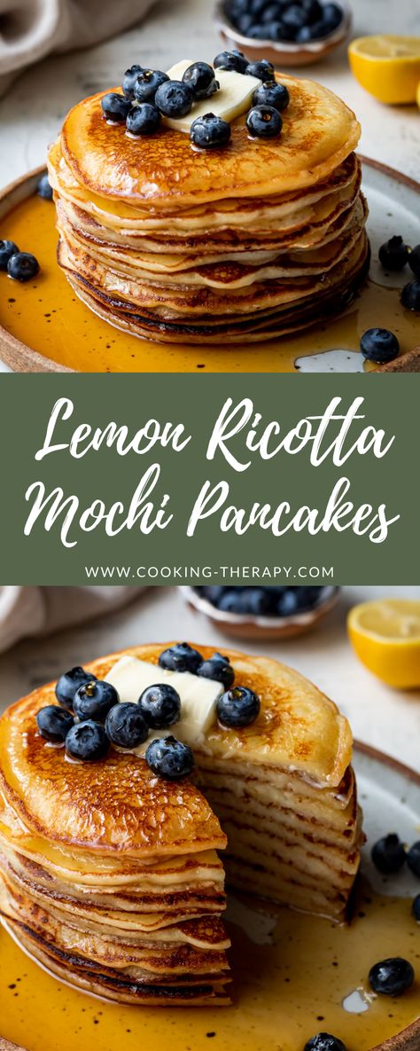 Mochi Pancakes Recipe, Healthy Ricotta Pancakes, Ricotta Pancakes Healthy, Mochi Pancakes, Lemon Curd Ricotta Pancakes, Easy Lemon Ricotta Pancakes, Healthy Lemon Ricotta Pancakes, Cooking Therapy, Lemon Ricotta Pancakes