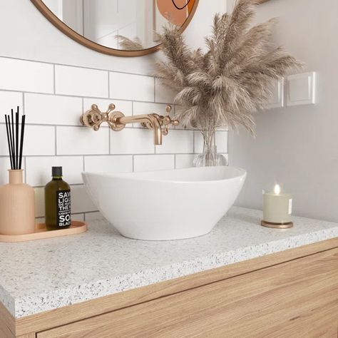 DeerValley Horizon 15.75" Ceramic Oval Vessel Bathroom Sink & Reviews | Wayfair Countertop Basin Bathroom, Bowl Sink Bathroom, Bathroom Sink Bowls, Ceramic Bathroom Sink, Copper Vessel, Apron Sink Kitchen, Sink Grid, Vessel Bathroom Sink, Countertop Basin