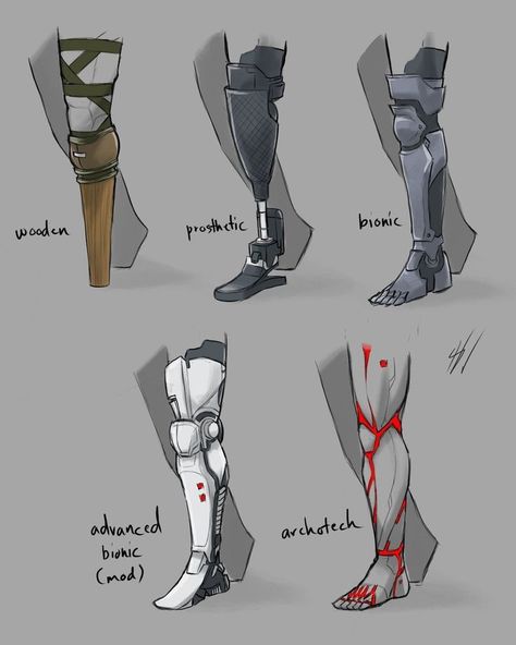 Robotic Limbs Concept Art, Leg Prosthetic Design, Prosthetic Leg Character Design, Fantasy Prosthetic Limbs, Prosthetic Leg Drawing Reference, Cyberpunk Legs, Prosthetic Leg Art, Prosthetic Leg Concept Art, Rimworld Fanart