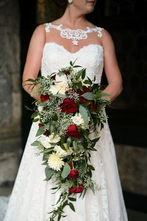 Christmas Cascade Bouquet, Burgundy Bridal Bouquet Cascade, Christmas Bridal Bouquet Cascading, Cascading Wedding Bouquets Winter, Diy Cascade Bouquet, Christmas Bouquet Wedding, Waterfall Bouquet Wedding, Maroon Bouquet, Christmas Wedding Bouquet