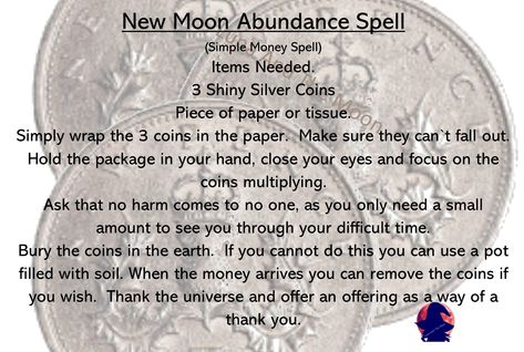 New Moon Abundance Spell. Simple Money Spell. New Moon Abundance Ritual, New Moon Spells Money, New Moon Spell Jar, Simple Money Spells, New Moon Money Spell, Hellenistic Paganism, Hearth Witchcraft, Astrology Candles, Abundance Spells