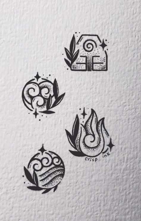 Earth Bender Tattoo Ideas, Matching Element Tattoos, Avatar Fire Nation Tattoo, Avatar Tree Tattoo, Earth Kingdom Tattoo, Avatar Water Tribe Tattoo, Earth Air Fire Water Spirit Tattoo, 4 Sibling Tattoo Ideas, Matching Atla Tattoos