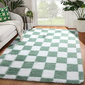 KICMOR 4x6 Rug for Bedroom Living Room, Fluffy Sage Green and White Checkered Area Rugs, Fuzzy Shag Shaggy Floor Carpet Soft Plush Checkerboard Rug for Children Kids Boys Room, Nursery, Classroom Rugs Fuzzy, Green Nursery Boy, Sage Green Rug, Nursery Classroom, Checkerboard Rug, Green Room Decor, Fuzzy Rug, Sage Green Bedroom, 4x6 Rug