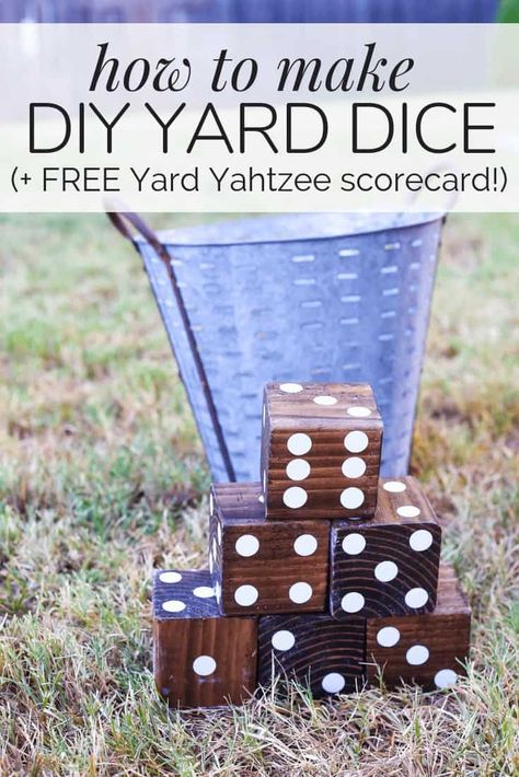 DIY wooden yard dice - How to make your own wood lawn dice, perfect for a back yard barbeque, tailgate party, beach day, or other outdoor summer gathering. Post includes a free Yard Yahtzee scorecard download! Yard Dice Games, Yard Yahtzee, Yard Dice, Diy Yard Games, Leaf Candle Holder, Wood Dice, Pinterest Crafts, Games Ideas, Wooden Cubes