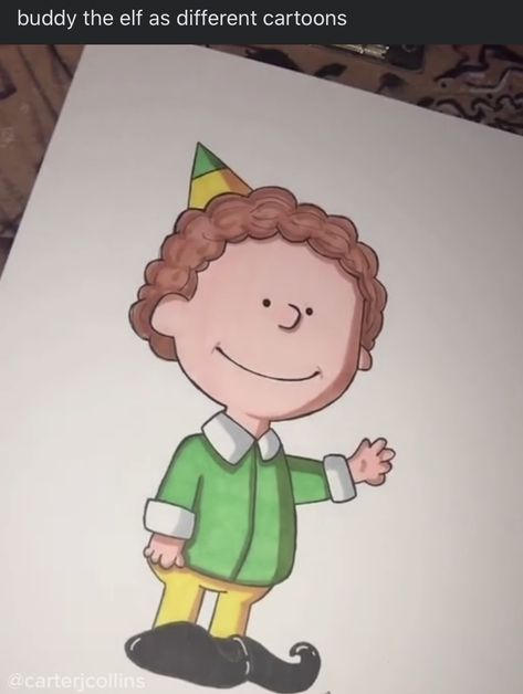 @carterjcollins Buddy The Elf Drawing, Buddy The Elf Cartoon, Cute Christmas Elf Drawing, Buddy The Elf Painting, Elf Drawing Christmas, Elf Drawings Christmas, Cartoon Christmas Drawings, Christmas Elf Drawing, Elf Drawing