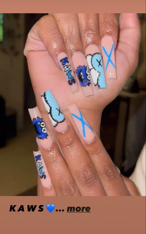 Blue Kaws Acrylic Nails, Light Blue Kaws Nails, Blue Acrylic Birthday Nails, Animated Nail Design, Short Nail Designs Kaws, Kaw Short Nails, Blue Kaws Nails Design, Kaws Nails Blue, Nails Acrylic Kaws