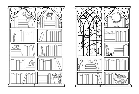 Printable Gothic Bookshelves - Ellen Wilberg Art's Ko-fi Shop - Ko-fi ❤️ Where creators get support from fans through donations, memberships, shop sales and more! The original 'Buy Me a Coffee' Page. Bookshelf Printable Free, Bookshelf Coloring Page, Bookshelf Journal Page, Bujo Bookshelf, Book Tracker Ideas, Reading Journal Bookshelf, Gothic Bookshelf, Bookshelf Template, Bookshelf Printable