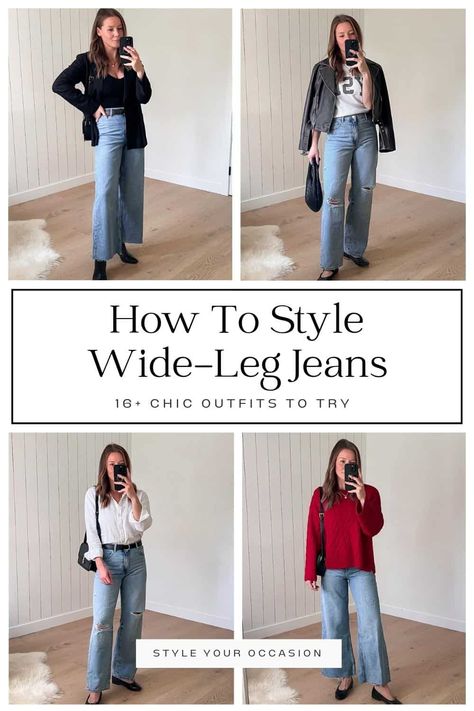 Looking for wide leg jeans outfit ideas? Get inspiration for how to style wide leg jeans in chic, modern ways for the spring, summer, fall, and winter months. Get casual, street style looks, ideas for work, and see how a curvy or plus size figure can pull off the high waist wide leg jeans aesthetic. Tops To Style With Wide Leg Jeans, Wide Jeans Styling, High Wide Jeans Outfit, Wide Jeans Fall Outfit, Wide Leg Jeans Dressed Up, Fall Outfit Wide Leg Jeans, Wide Leg Colored Jeans, Ways To Style Wide Leg Jeans, Wide Leg Jeans Cardigan Outfit