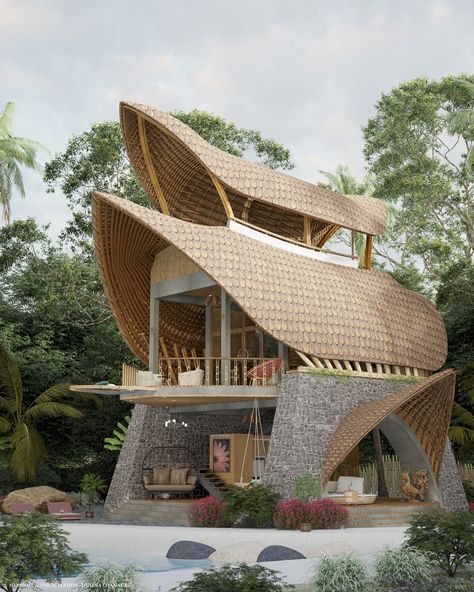 This rock and bamboo beach cabin gives us some serious glamping goals – Yanko Design Jungle Goddess, Bamboo Villa, Plaster House, Thai Architecture, Bamboo Roof, Architecture Styles, Bamboo Building, Open Living Space, Tree House Plans