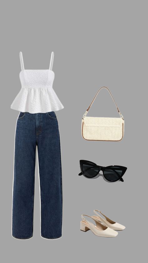 Blue high wais jeans with white peplum top Blue Peplum Top Outfit, Peplum Top With Jeans, Top Outfits With Jeans, Peplum Outfits, Peplum Top Outfits, Outfits With Jeans, Blue Peplum Top, Top With Jeans, 2000s Fashion Outfits