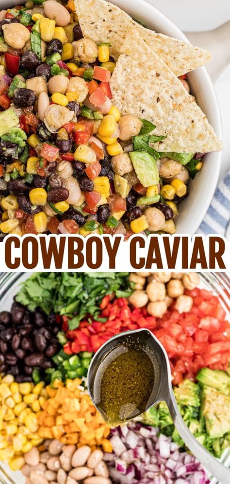 Cowboy Caviar is a delicious cold dip recipe loaded with a variety of beans, avocado, tomatoes, corn, peppers, onions and fresh cilantro. Cowboy Cavalier Dip, Cowboy Caviar With Chickpeas, Spicy Cowboy Caviar, Corn Caviar Dip, Fresh Dip Recipes, Fresh Corn Dip Recipe, Bean Dip Cold, Cowboy Caviar With Avocado, Tailgate Dips Cold