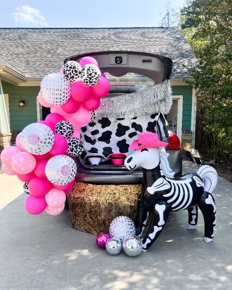 Ad a little bit of fun and make a non traditional Trunk-or-Treat set up this year! 
@sierralmiller
#trunkortreat #trunkortreatideas Trunk Or Treat Ideas For Cars Cowboy Theme, Trunk Or Treat Ideas For Cars For Daycare, Preppy Trunk Or Treat, Western Trunk Or Treat Ideas For Cars, Cheer Trunk Or Treat Ideas, Trunk Or Treat Hello Kitty, Disco Cowgirl Trunk Or Treat, Western Theme Trunk Or Treat, Cowgirl Trunk Or Treat Ideas