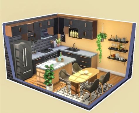 Sims Living Room Ideas, Sims 4 Kitchen Ideas, Sims 4 Living Room Ideas, Sims Kitchen, Small Open Plan Kitchens, Living Room Sims 4, Sims4 House, Small Room Interior, Lotes The Sims 4