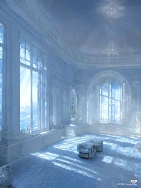 Fantasy Ice Castle Interior, Ice Palace Aesthetic, Ice Castle Interior, Ice Blue Aesthetic, Interior Concept Art, Dreamscape Architecture, Glass Castle, Ice Palace, Fantasy Rooms