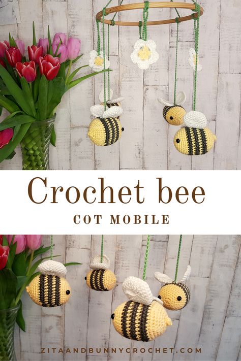 Crochet Bee Mobile Free Pattern, Crochet Cot Mobile Free Pattern, Crochet Cot Mobile, Crochet Bee Mobile, Crochet Bee Wall Hanging, Crochet Mobile Free Pattern, Bumble Bee Nursery Ideas, Crochet Baby Mobile Free Pattern, Crochet Mobile Baby